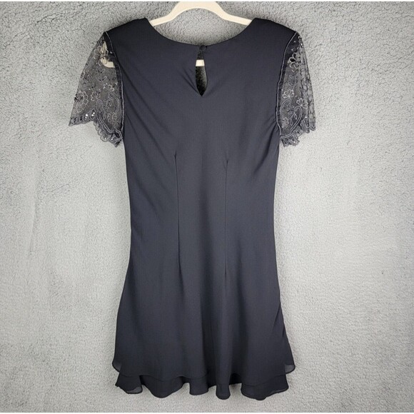 VTG Jeffrey Dara Tom Barra 8 Rhinestone Lace Sleeve Black Dress 90s Flared Y2K - Picture 2 of 16